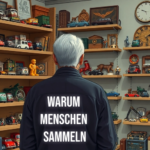 Mann betrachtet Regale mit Modellautos, Uhren, Figuren und Postern