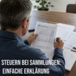 Mann sitzt am Tisch mit Papieren und versucht, seine Steuern für verkaufte Sammlungen zu berechnen