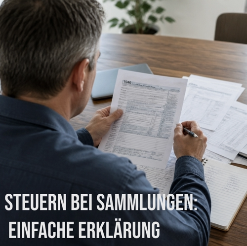 Mann sitzt am Tisch mit Papieren und versucht, seine Steuern für verkaufte Sammlungen zu berechnen